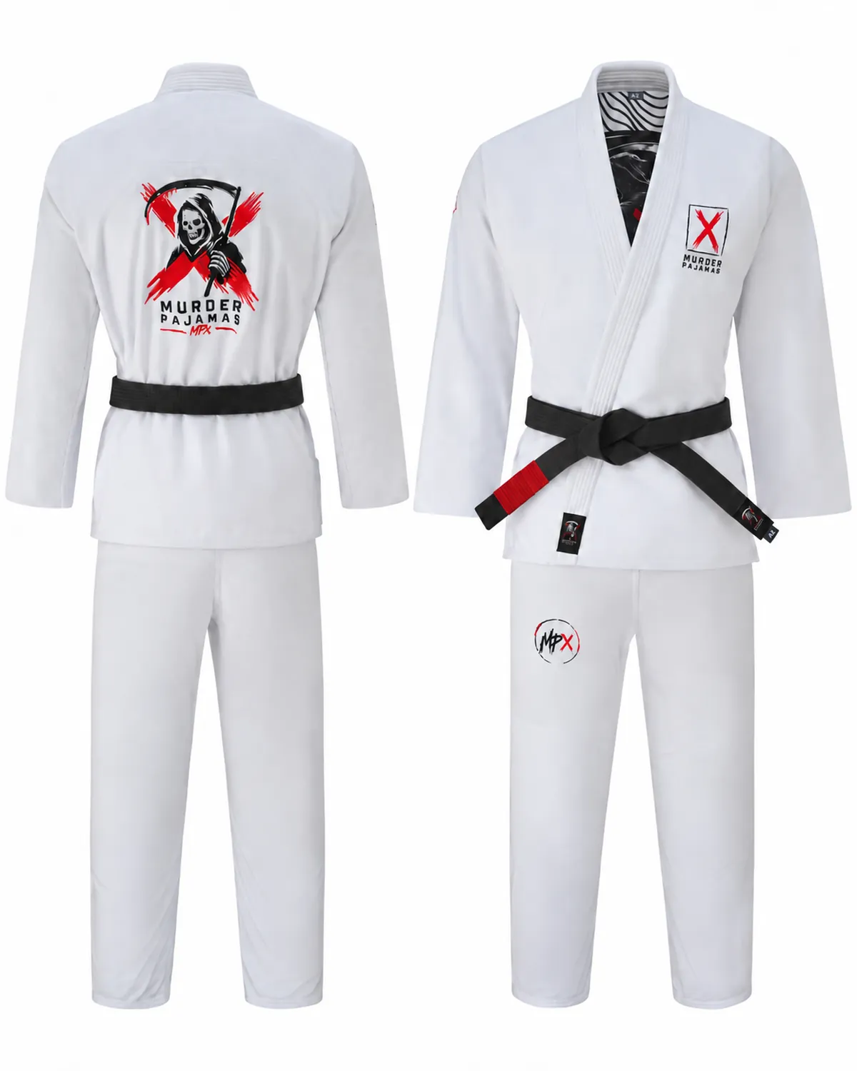 White Murder Pajamas gi, jacket and pants, front and back