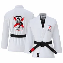 White gi back panel with skeleton, scythe and X art, shown with a second gi from the front