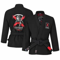Black gi back panel with skeleton, scythe and X art, shown with a second gi from the front