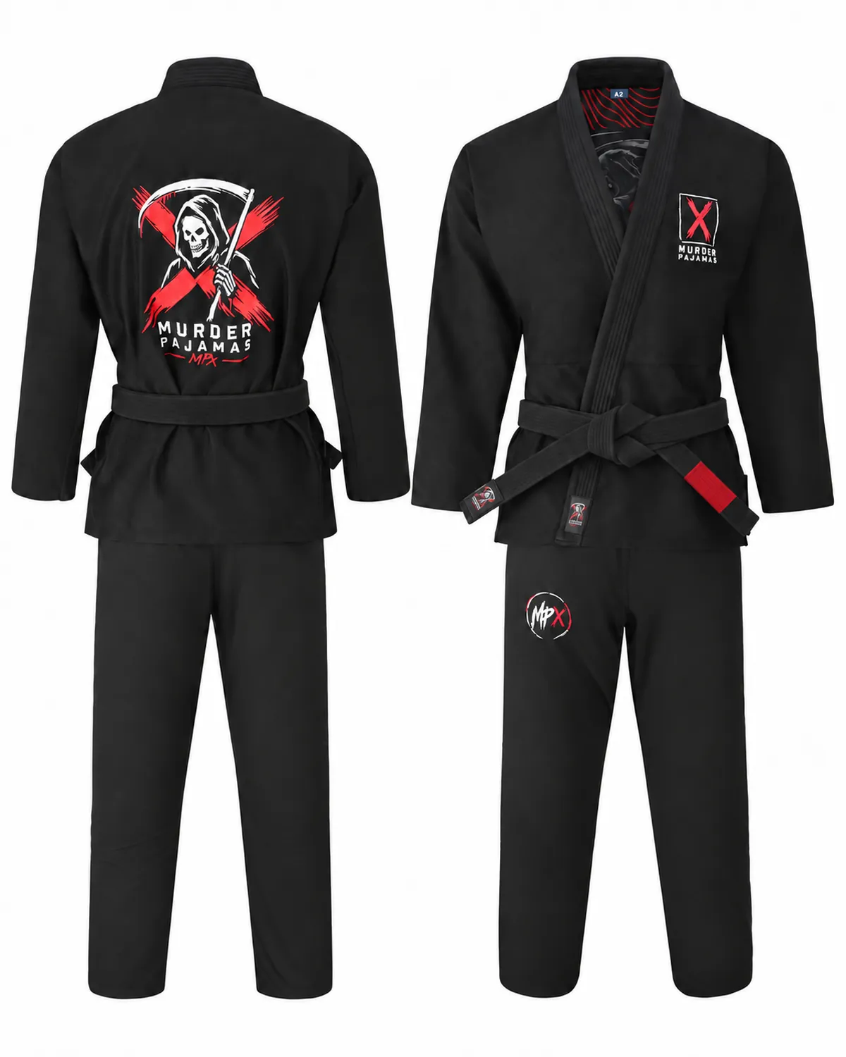 Black Murder Pajamas gi, jacket and pants, front and back