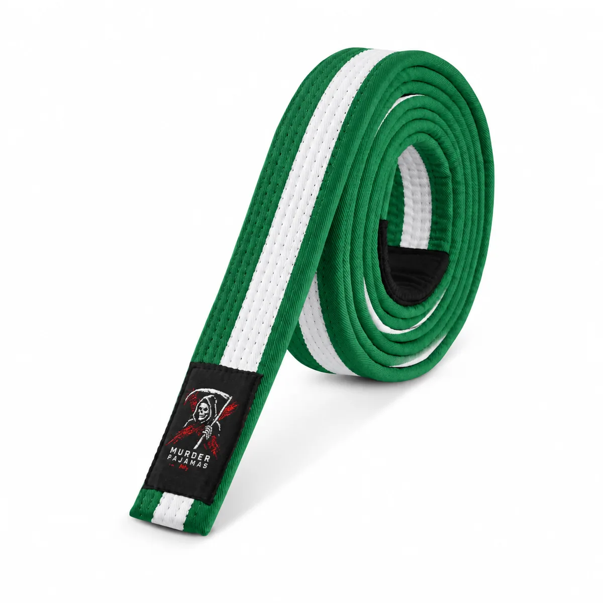 Green/White Murder Pajamas jiu-jitsu belt, rolled, with the skeleton label and size tag
