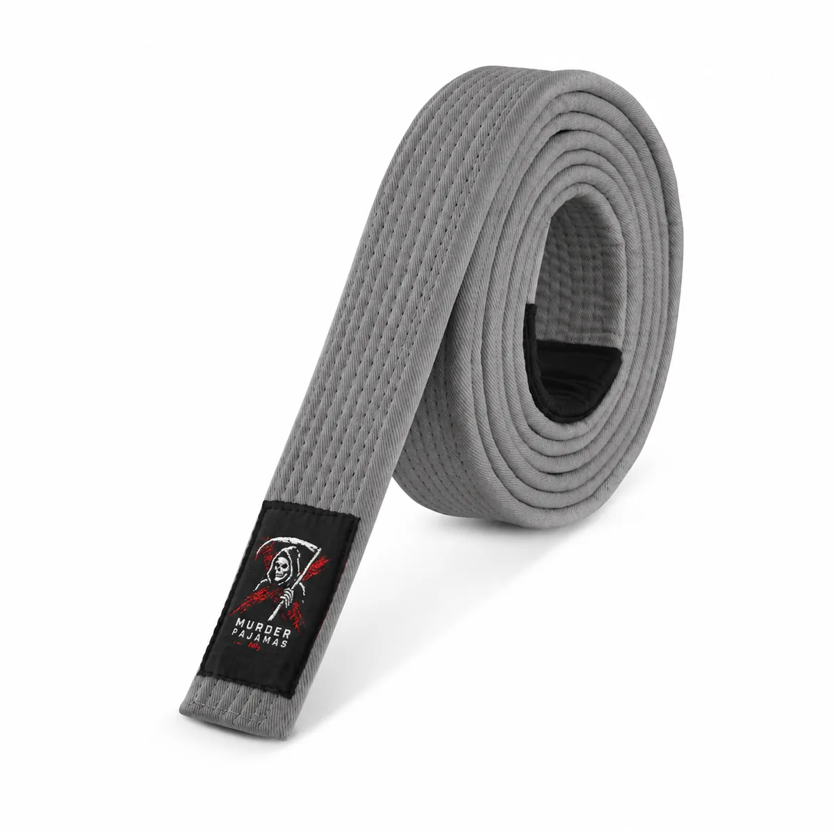 Grey Murder Pajamas jiu-jitsu belt, rolled, with the skeleton label and size tag