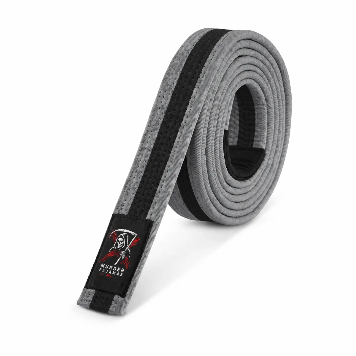 Grey/Black Murder Pajamas jiu-jitsu belt, rolled, with the skeleton label and size tag