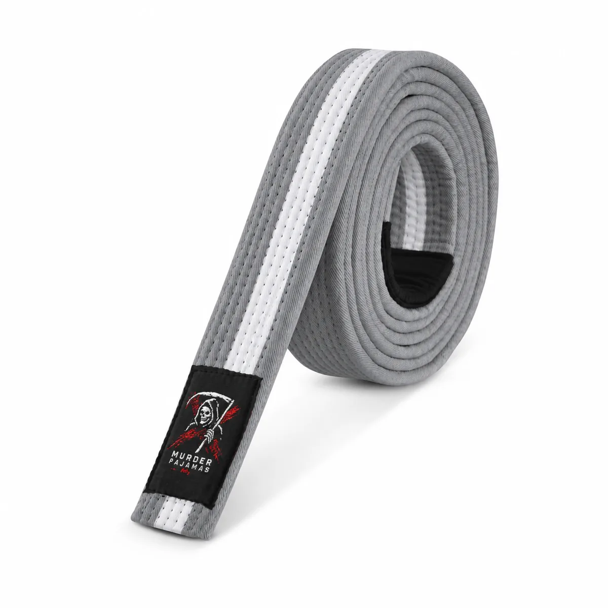 Grey/White Murder Pajamas jiu-jitsu belt, rolled, with the skeleton label and size tag