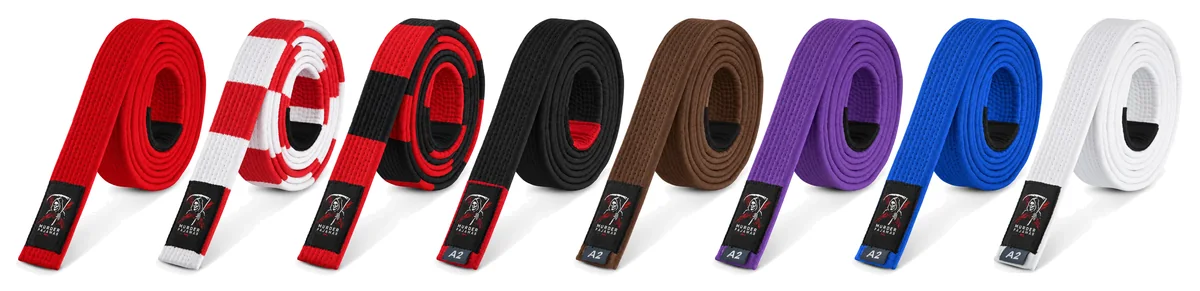 Adult Murder Pajamas belts in a row, highest rank first: red, red and white, red and black, black, brown, purple, blue, white