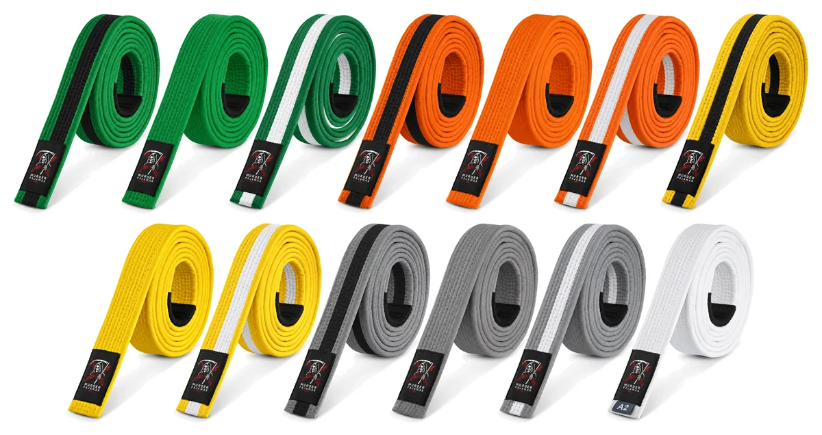 Kids Murder Pajamas belts in two rows, highest rank first: the green, orange, yellow and grey ranks, then white