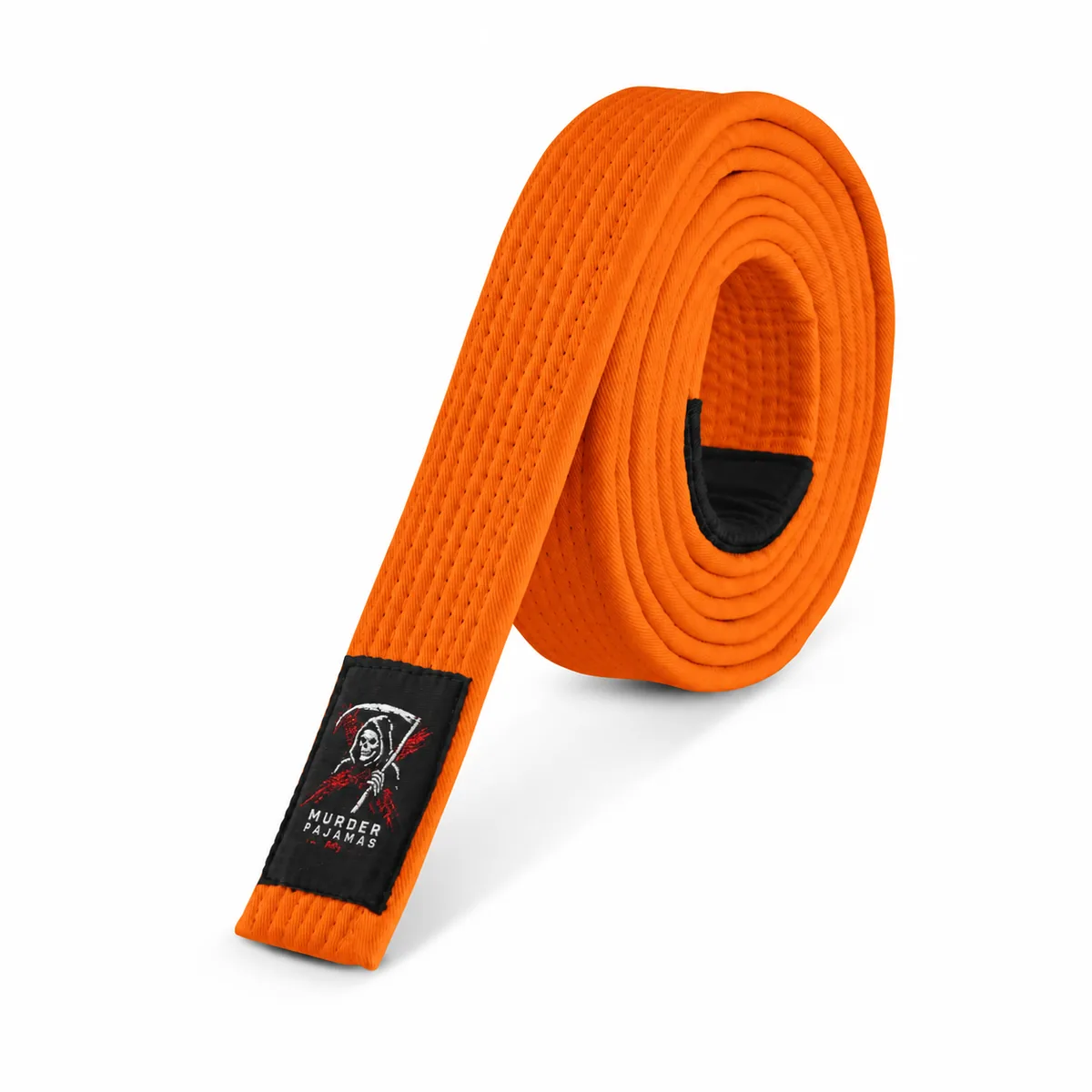 Orange Murder Pajamas jiu-jitsu belt, rolled, with the skeleton label and size tag