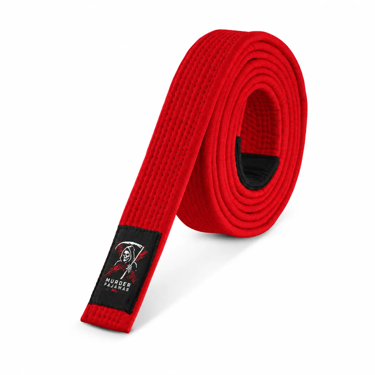 Red Murder Pajamas jiu-jitsu belt, rolled, with the skeleton label and size tag