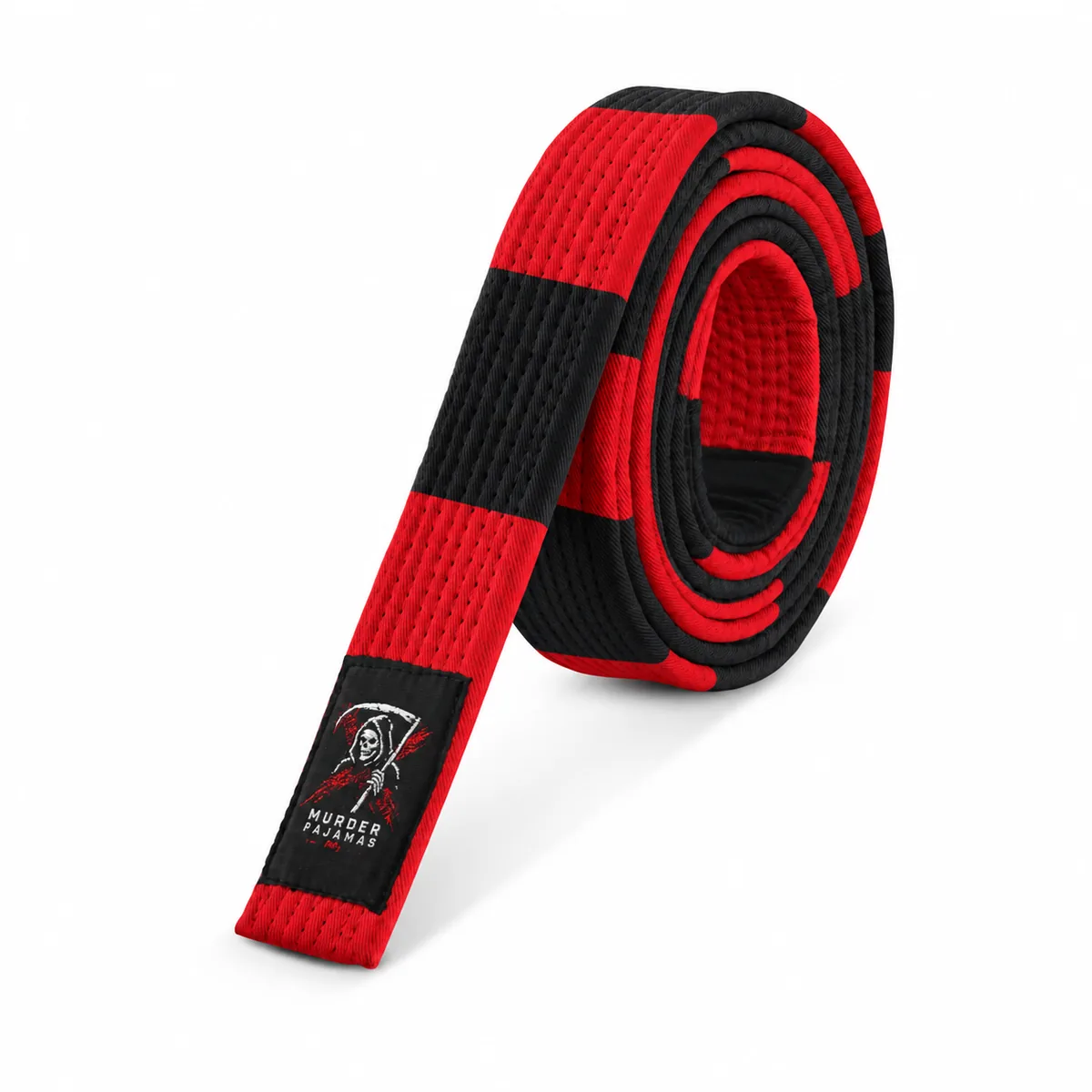Red/Black Murder Pajamas jiu-jitsu belt, rolled, with the skeleton label and size tag