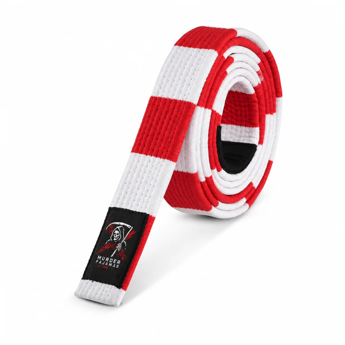 Red/White Murder Pajamas jiu-jitsu belt, rolled, with the skeleton label and size tag