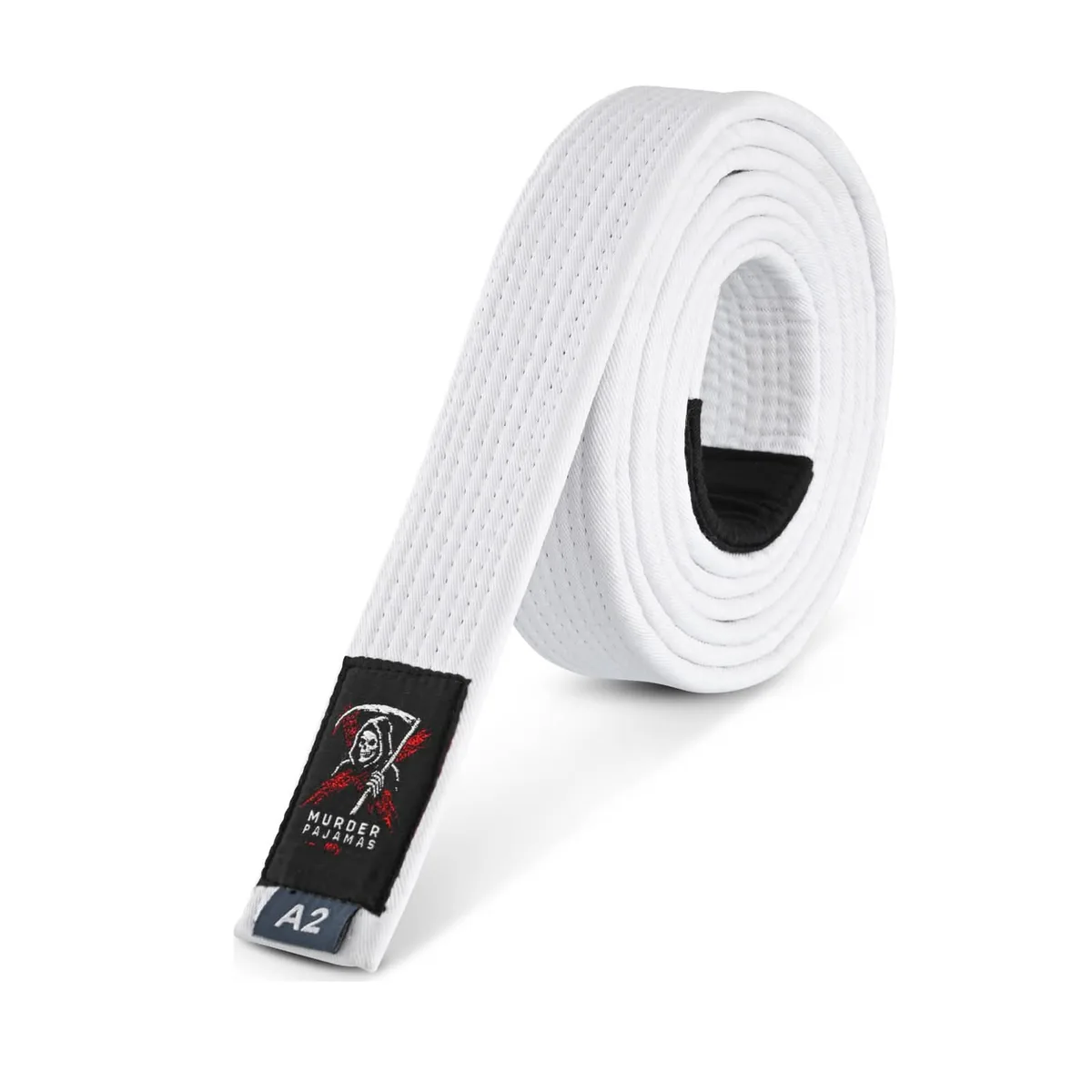 White Murder Pajamas jiu-jitsu belt, rolled, with the skeleton label and size tag