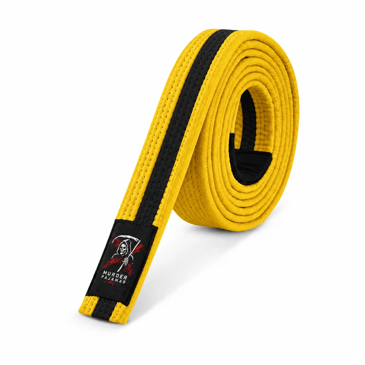 Yellow/Black Murder Pajamas jiu-jitsu belt, rolled, with the skeleton label and size tag