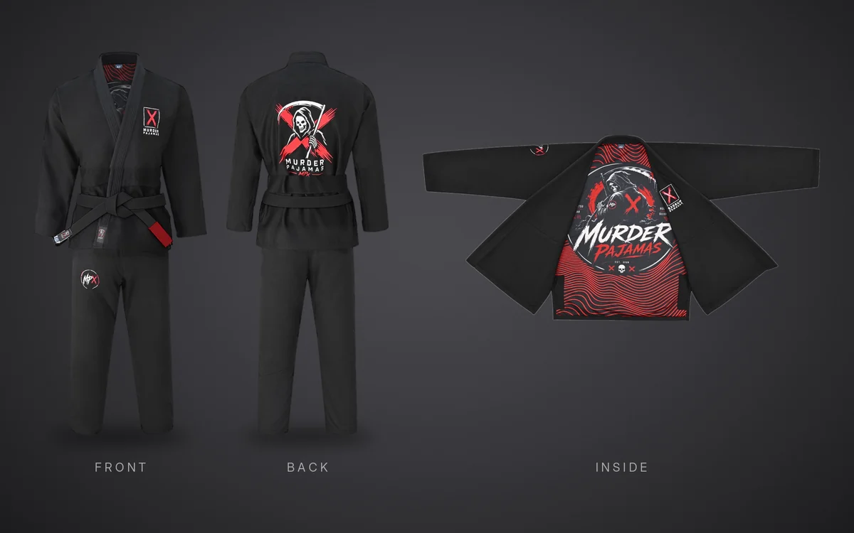 The black Murder Pajamas gi shown three ways: front, back with the skeleton, scythe and X art, and open to show the red striped lining
