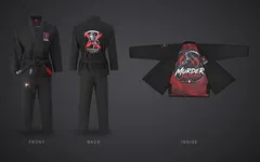 The black Murder Pajamas gi shown three ways: front, back with the skeleton, scythe and X art, and open to show the red striped lining