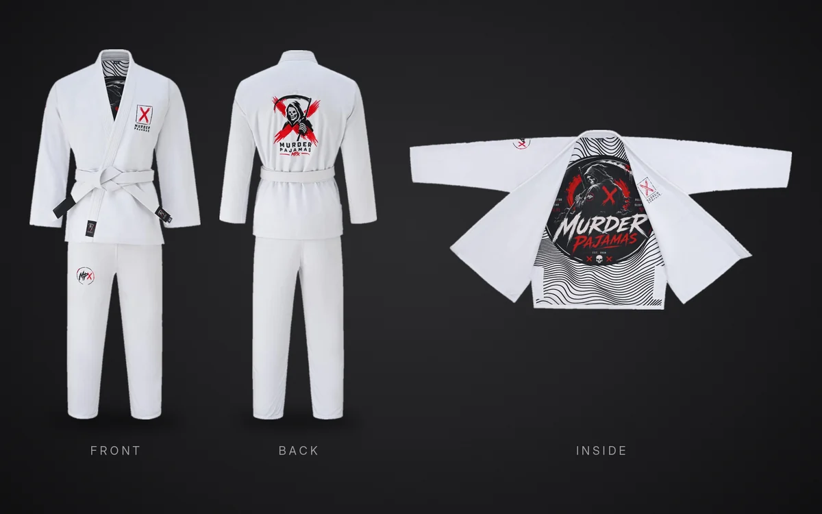The white Murder Pajamas gi shown three ways: front, back with the skeleton, scythe and X art, and open to show the black and white striped lining