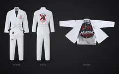 The white Murder Pajamas gi shown three ways: front, back with the skeleton, scythe and X art, and open to show the black and white striped lining