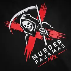 Embroidered back art on the black gi: hooded skeleton with a scythe over a red X, MURDER PAJAMAS MPx