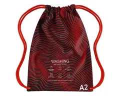 Back of the red and black Murder Pajamas gi bag with printed wash instructions and A2 size