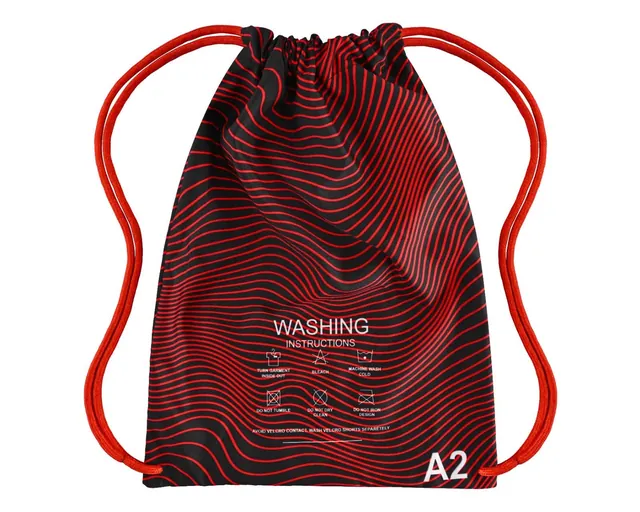 Back of the red and black Murder Pajamas gi bag with printed wash instructions and A2 size