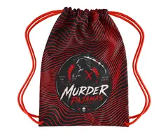 Red and black wave print Murder Pajamas drawstring gi bag, front with the round logo