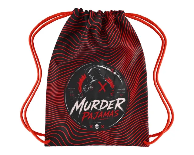 Red and black wave print Murder Pajamas drawstring gi bag, front with the round logo
