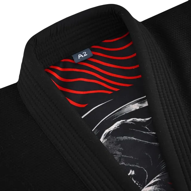 Black gi collar with A2 size tag and red and black wave stripe lining