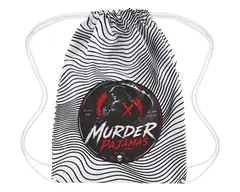 Black and white wave print Murder Pajamas drawstring gi bag, front with the round logo