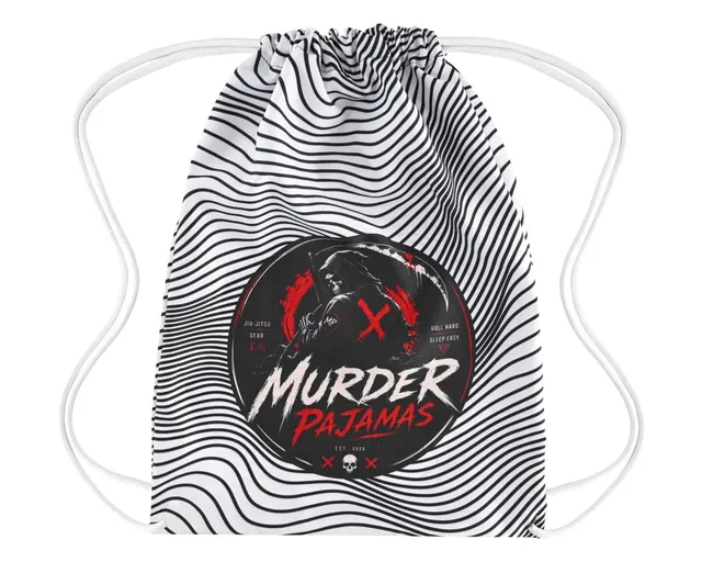 Black and white wave print Murder Pajamas drawstring gi bag, front with the round logo
