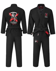 Black Murder Pajamas gi, jacket and pants, back and front, shown with a belt (belt sold separately)