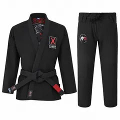 Black Murder Pajamas gi jacket and pants side by side, jacket shown with a belt (belt sold separately)