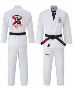 White Murder Pajamas gi, jacket and pants, back and front, shown with a belt (belt sold separately)