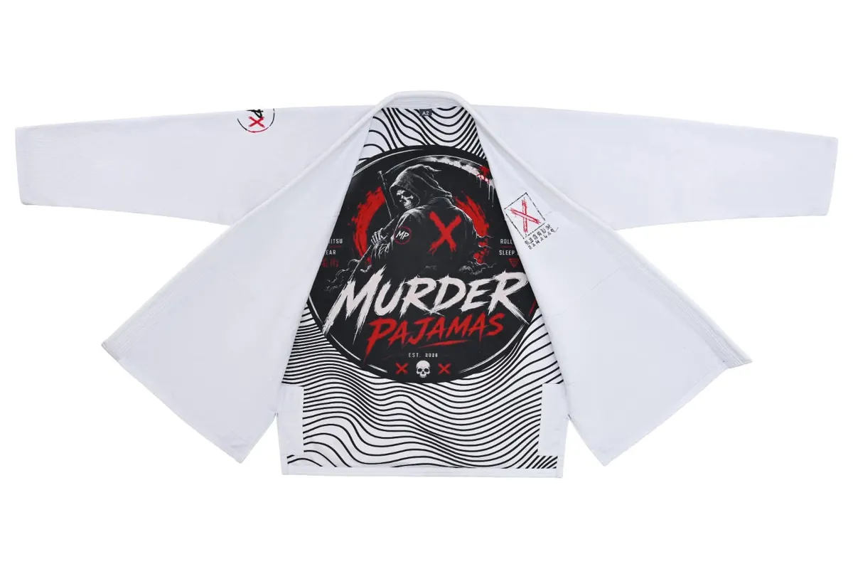 White Murder Pajamas gi jacket laid open flat showing the full black and white wave stripe lining